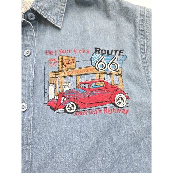Vintage Passion-I EUC Route 66 Short Sleeve Denim Women Shirt Hot Rod Medium - Picture 1 of 11